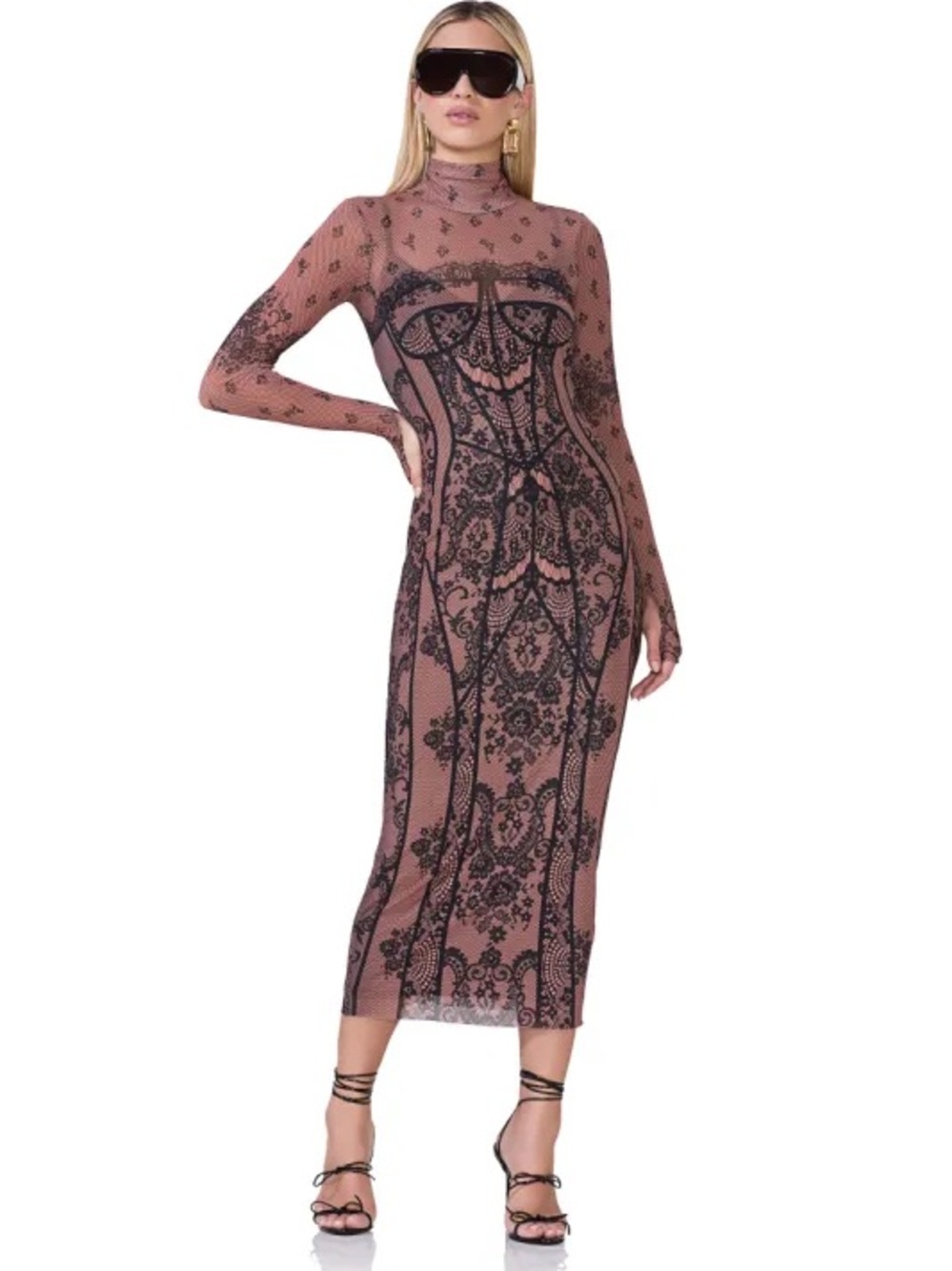 AFRM Blush Pink Mesh Midi Dress with Black Lace Overlay